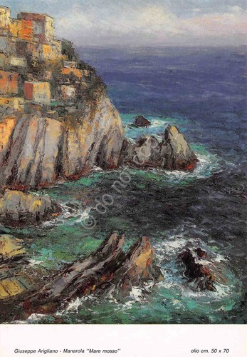 Cartolina Giuseppe Arigliano Manarola Mare mosso da quadro ad olio