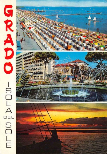 Cartolina Grado spiaggia fontana tramonto vedute 1987