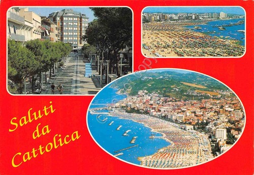 Cartolina grafica Cattolica veduta aerea viale spiaggia (Rimini)