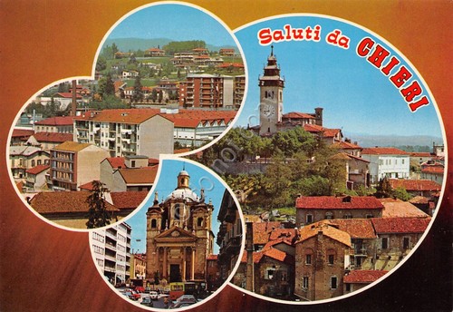 Cartolina grafica Chieri vedute varie paese (Torino)