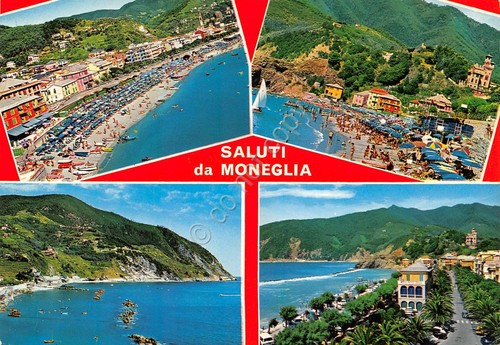 Cartolina grafica Moneglia vedute varie paese spiaggia (Genova)