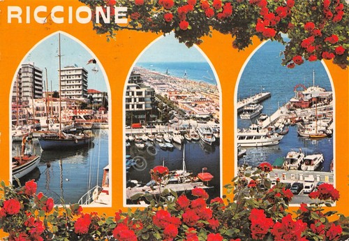 Cartolina grafica Riccione vedute varie da arcata 1983 (Rimini)