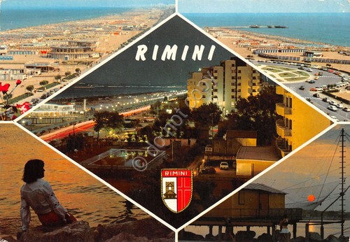 Cartolina grafica Rimini vedute varie e notturno stemma