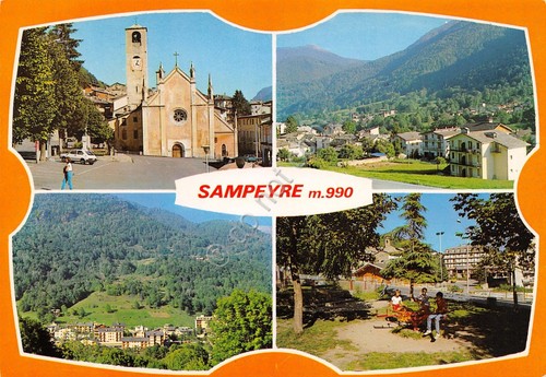 Cartolina grafica Sampeyre vedute varie paese animata (Cuneo)