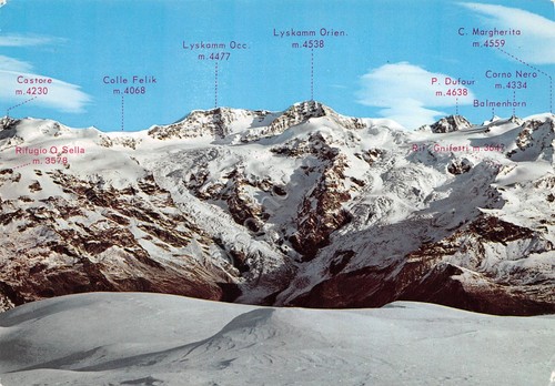 Cartolina Gressoney Catena M. Rosa con nomi vette 2000 (Aosta)