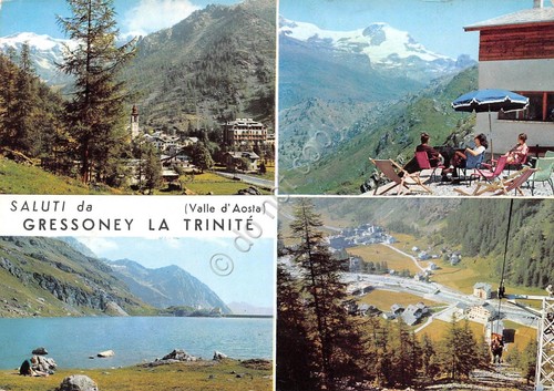 Cartolina Gressoney La Trinitè 4 vedute Timbro Ristorante Chamois (Aosta)