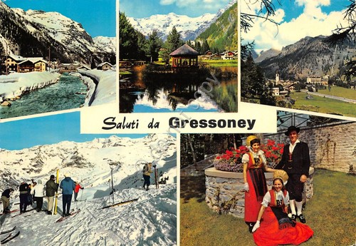Cartolina Gressoney vedute sci sciatori abiti tradizionali 1978 (Aosta)