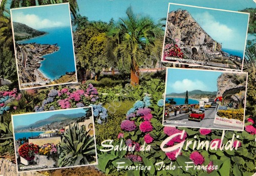 Cartolina Grimaldi 5 vedute panorama dogana auto d'epoca (Imperia)