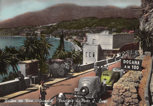 Cartolina Grimaldi Frontiera Ponte S. Luigi auto d'epoca colorata 1957