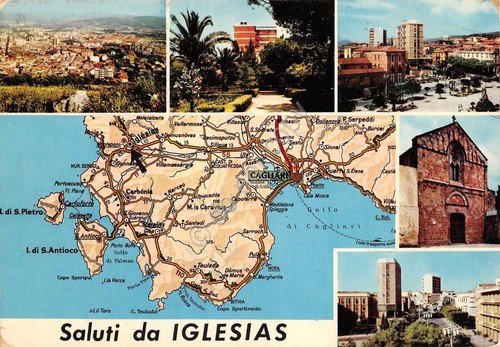 Cartolina Iglesias 6 vedute mappa geografica carta automobilistica