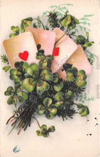 Cartolina Illustrata augurale carte da gioco quadrifoglio 1937