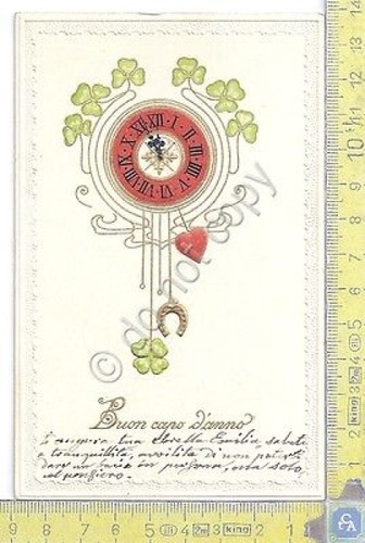 Cartolina illustrata augurale in rilievo quadrifogli e pendolo - wishing …