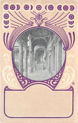 Cartolina illustrata cornice con portico e scala Art Deco'