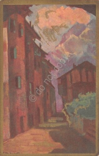 Cartolina illustrata di un vicolo Roma?Timbro targhetta Mostra Rivoluzione 1934