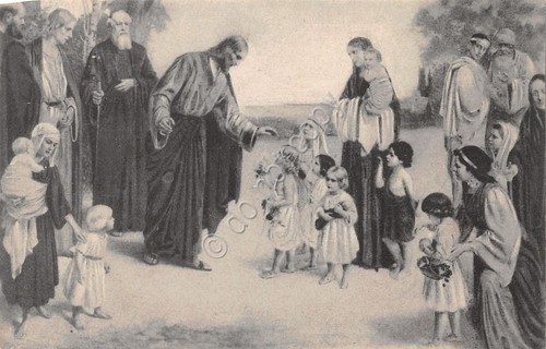 Cartolina illustrata Gesù con bambini anni '20