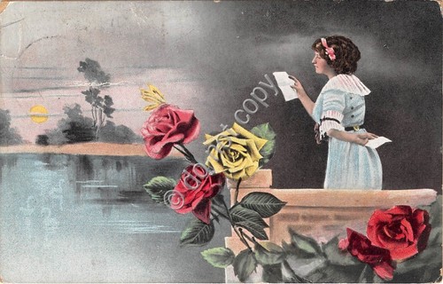 Cartolina illustrata Innamorati donna che legge lettera lago rosa anni …