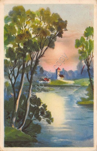 Cartolina illustrata paese fiume alberi spedita da Roma a Monza …