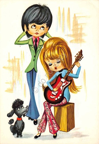 Cartolina Innamorati lei con chitarra lui pantalone blu cane illustrata …