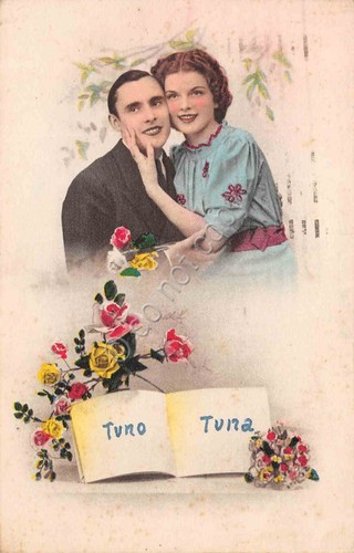 Cartolina innamorati Tuno e Tuna con fiori 1949