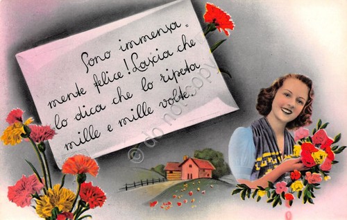 Cartolina innamorati Valentine Immensamente felice fiori 1956