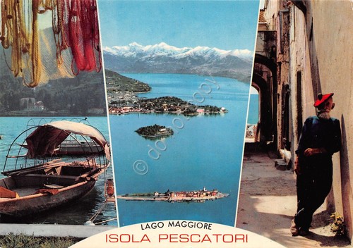 Cartolina Isola dei Pescatori vedute varie pescatore barca tipica reti