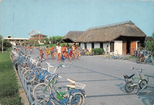 Cartolina Isola di Albarella animata biciclette 1990 (Rovigo)
