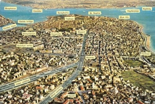 Cartolina Istanbul panorama aereo con località anni '90