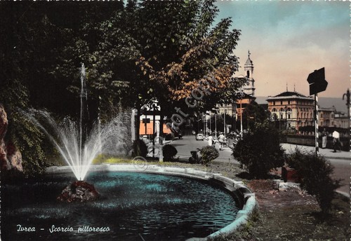 Cartolina Ivrea fontana giardini via animata colorata