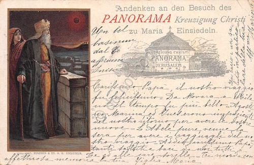 Cartolina JERUSALEM PANORAMA KREUZIGUNG CHRISTI zu Maria Einsiedeln 1905