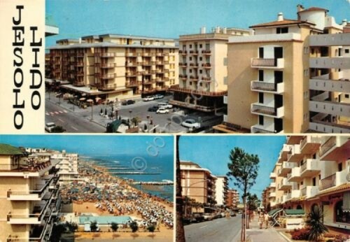 Cartolina Jesolo Lido vedute condomini e spiaggia piscina