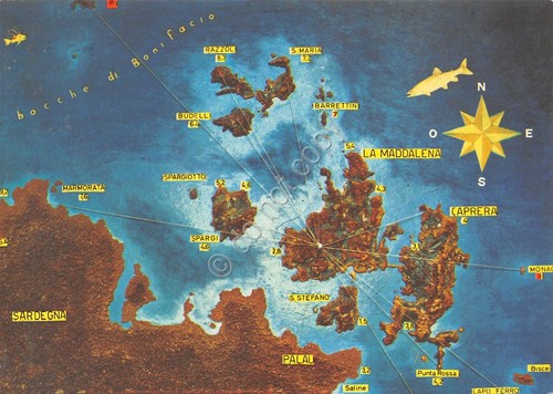 Cartolina La Maddalena plastico della Berto sub con le isole
