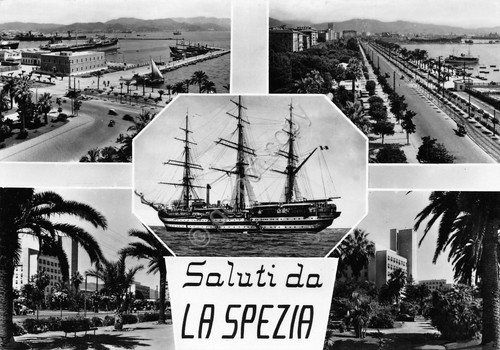 Cartolina La Spezia vedute varie e veliero