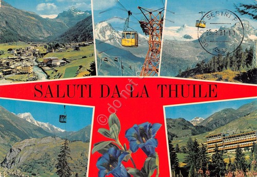 Cartolina La Thuile 6 vedute panorama funivia (Aosta)