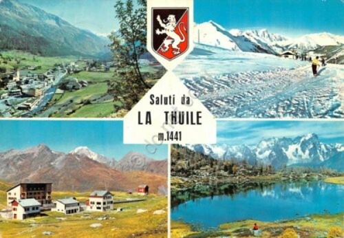 Cartolina La Thuile vedute 1967 timbro Albergo San Bernardo (Aosta)