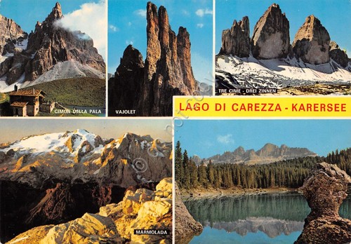 Cartolina Lago di Carezza vedute timbro al retro (Bolzano)
