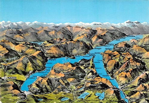 Cartolina Lago di Como mappa del panorama con località