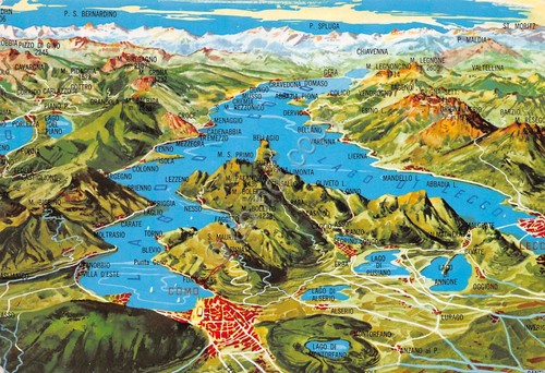 Cartolina Lago di Como rilievo generale mappa con località