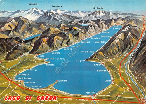 Cartolina Lago di Garda illustrata mappa località anni '70 (Brescia)