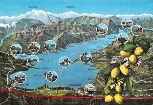Cartolina Lago di Garda mappa con località 1987