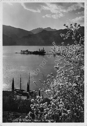 Cartolina Lago di Garda Timbro Sirmione panorama con fiori 1949