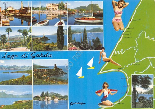Cartolina Lago di Garda vedute varie mappa Pin Up (Brescia)