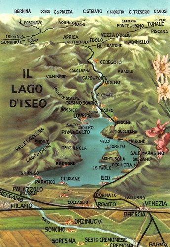 Cartolina Lago di Iseo mappa (Brescia)