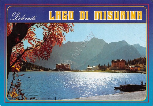 Cartolina Lago di Misurina veduta lago Sorapis case cartolina grafica
