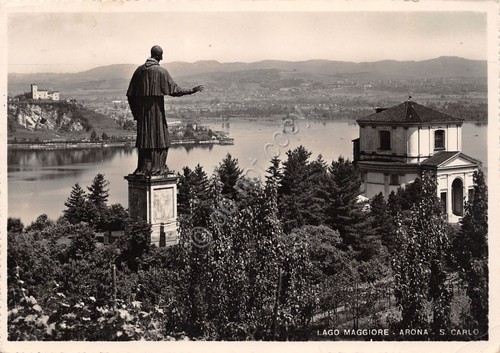 Cartolina lago Maggiore Arona panorama e statua San Carlo anni …