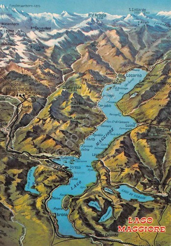 Cartolina Lago Maggiore mappa con localitÃ e lago anni '80