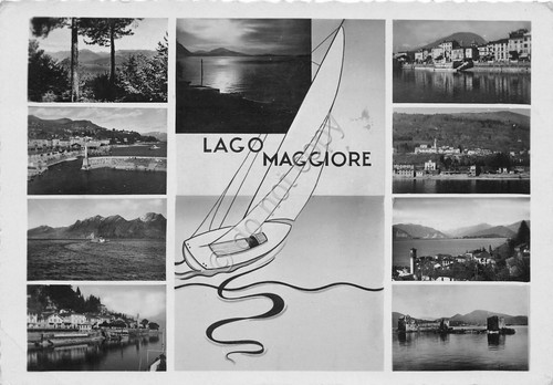 Cartolina lago Maggiore vedute varie barca a vela 1947
