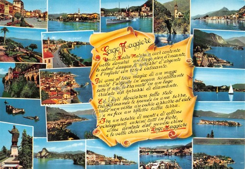 Cartolina Lago Maggiore vedute varie e pergamena con poesia 1966