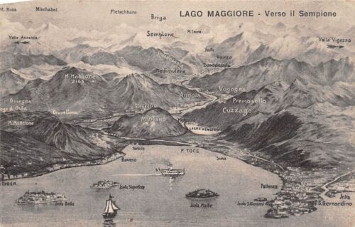 Cartolina Lago Maggiore verso il Sempione illustrata con località