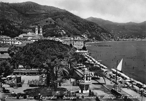 Cartolina Laigueglia Spiaggia di Ponente Albergo Le Palme distributore Esso