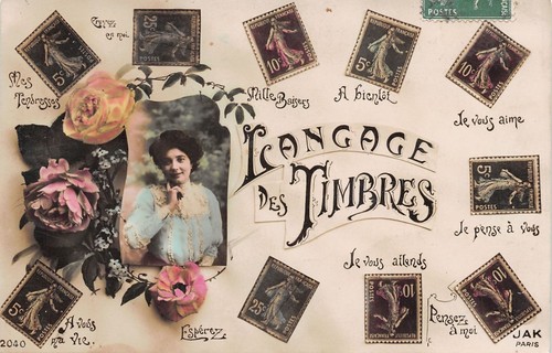 Cartolina Langage des Timbres foto di donna con fiori